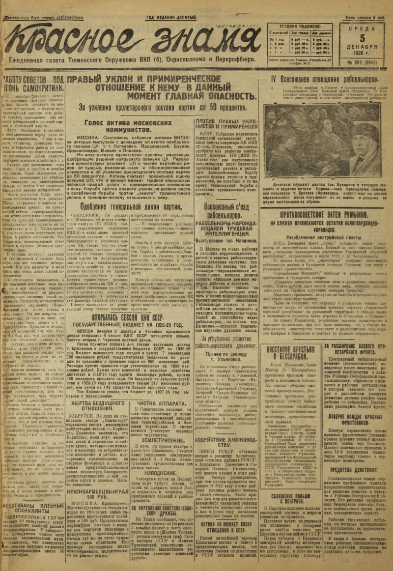 Красное знамя. 1928, № 282 (2942) (5 дек.) | Президентская библиотека имени  Б.Н. Ельцина