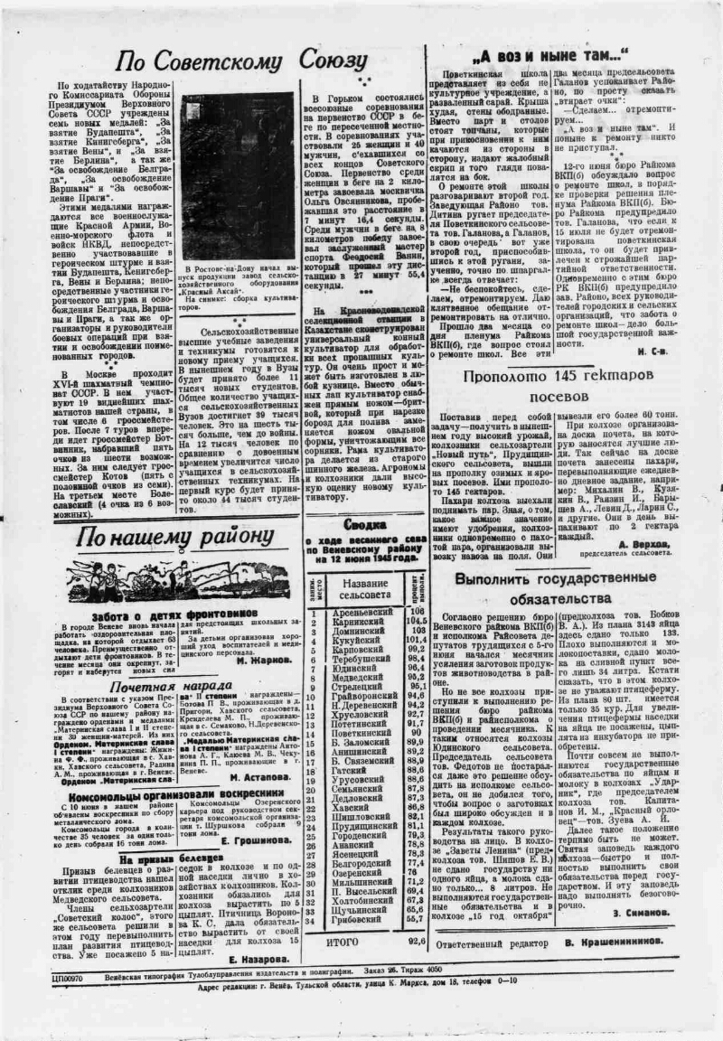 Колхозная газета. 1945, № 26 (1229) (14 июня) | Президентская библиотека  имени Б.Н. Ельцина