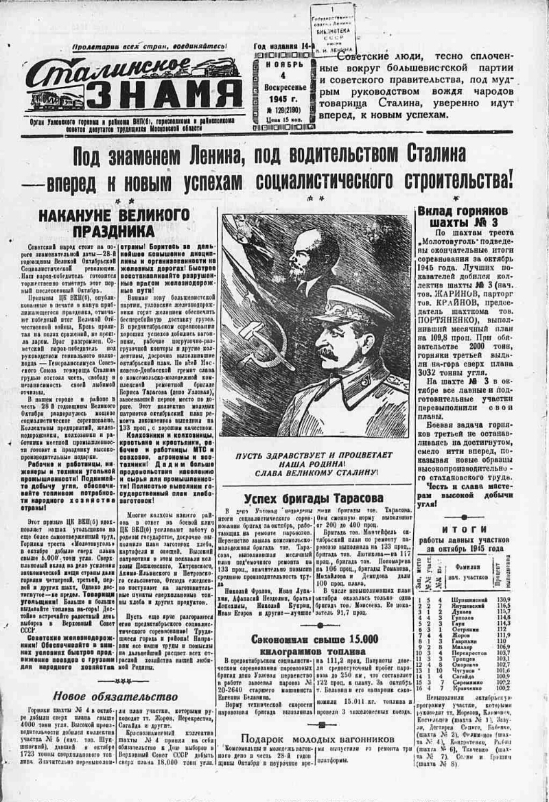 Сталинское знамя. 1945, № 129 (2190) (4 нояб.) | Президентская библиотека  имени Б.Н. Ельцина