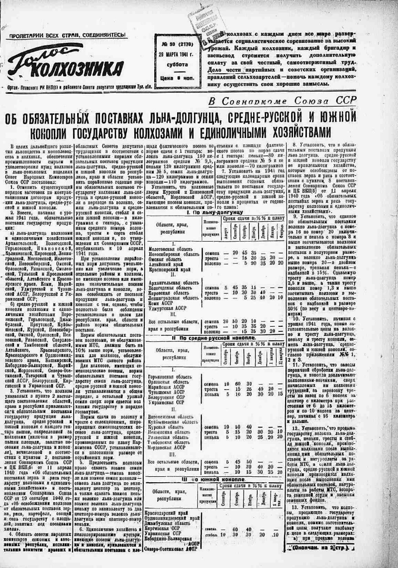 Голос колхозника. 1941, № 50 (2170) (29 марта) | Президентская библиотека  имени Б.Н. Ельцина