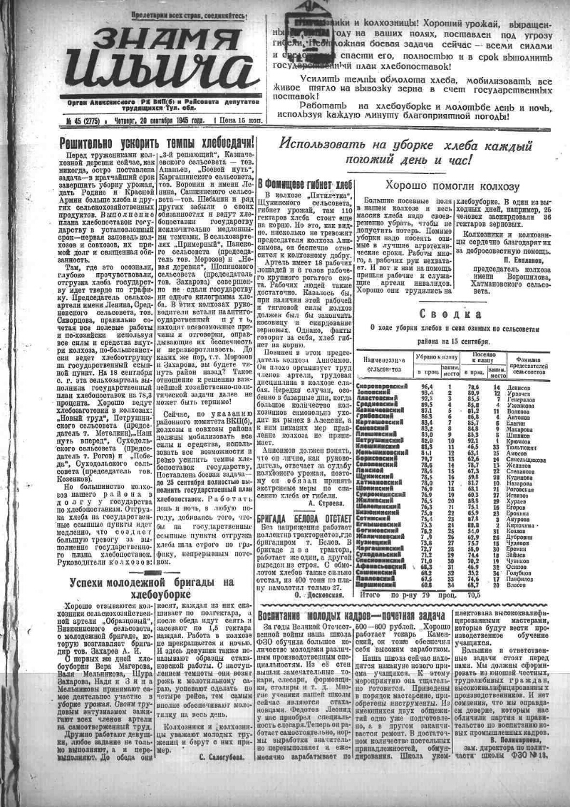 Знамя Ильича. 1945, № 45 (2775) (20 сент.) | Президентская библиотека имени  Б.Н. Ельцина