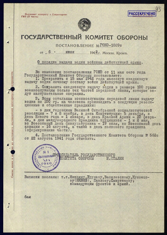 Гко 1943. Приказ о наркомовских 100 граммах. Архивные документы ГКО.