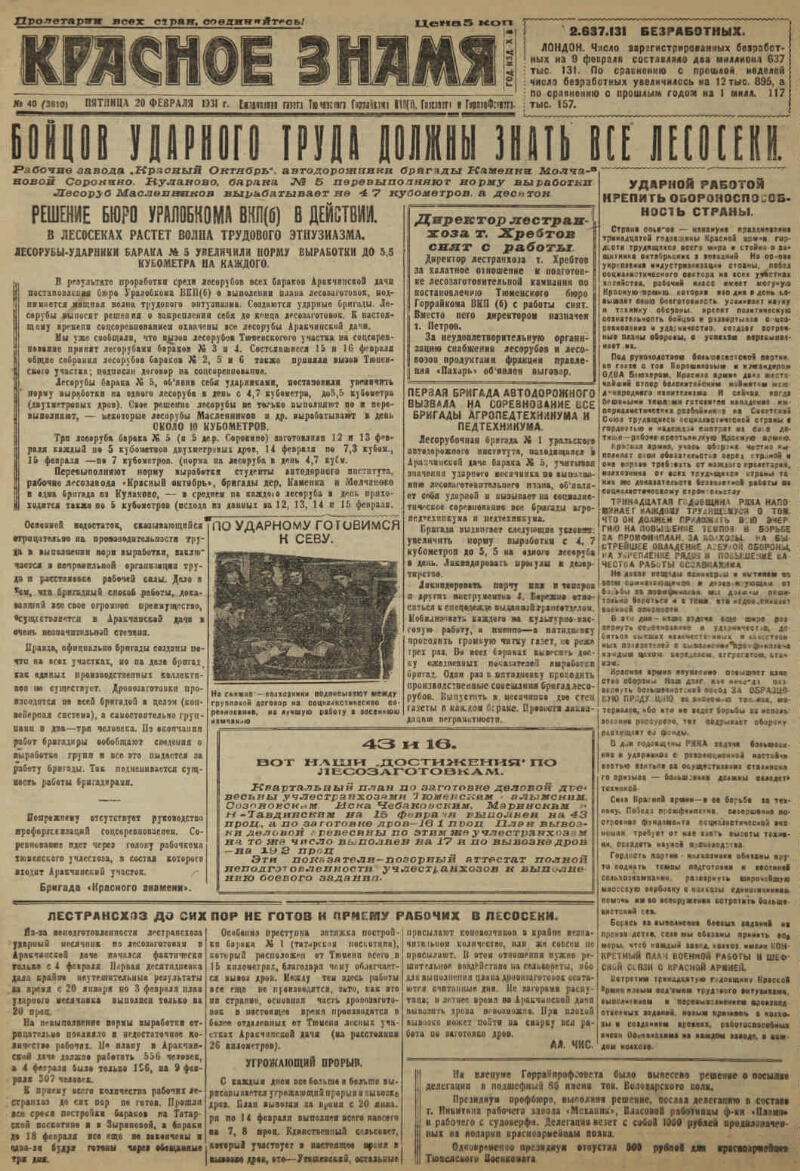 Красное знамя. 1931, № 40 (3610) (20 февр.) | Президентская библиотека  имени Б.Н. Ельцина